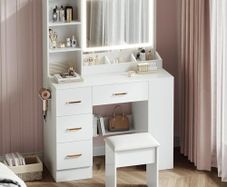 Dressing Table with Mirror and Stool: Vanity Desk with Mirror and Drawers - Makeup Desk with 4 Drawers, Wooden White Bedroom Dressing-Table with LED Lights