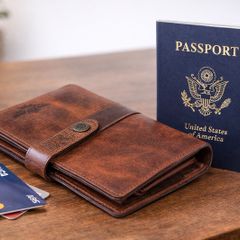 Genuine Leather Passport Holder Vintage Brown Travel Wallet with Button Closure