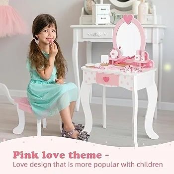 Kids Vanity Set, Table & Chair Vanity Set With Mirror (Includes 15 pcs multiple make up accessories), Makeup Dressing Table with Storage Drawer, Pink