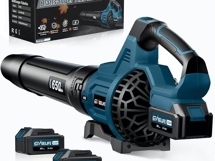 Cordless Electric Leaf Blower 18V 257km/h with 3 Speeds and 2 x 5.2Ah Batteries, Cordless Leaf Blower for Garden, Leaves, Dust and Snow Blue Battery