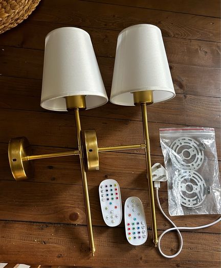 2 Brass Wall Lamps with Colour-Changing Rechargeable Bulbs (No Wiring Needed)