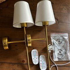 2 Brass Wall Lamps with Colour-Changing Rechargeable Bulbs (No Wiring Needed)