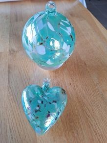 Pale Turquoise Aqua, White and Black Marbled Iridescent Decorative Glass Globe and Heart Hanging Ornaments