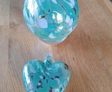 Pale Turquoise Aqua, White and Black Marbled Iridescent Decorative Glass Globe and Heart Hanging Ornaments