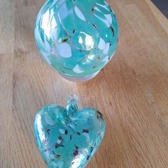 Pale Turquoise Aqua, White and Black Marbled Iridescent Decorative Glass Globe and Heart Hanging Ornaments