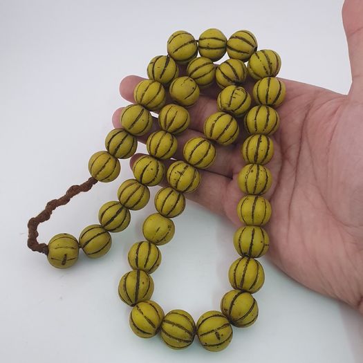 Antique African Yellow Melon Shape Glass beads Necklace Strands