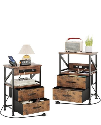 2 PCS Bedside Table with Power Strip, Bedside Cabinet with 2 Drawers, Bed Side Table for Bedroom, Night Stand, 2 AC Outlets, & 2 USB Ports, Side Table with Metal Frame, Rustic Brown
