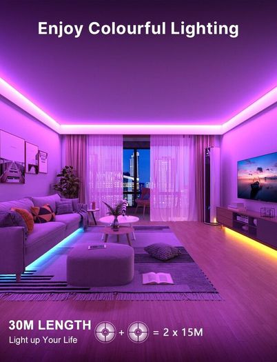 30M LED Strip Lights, Ultra Long Bluetooth RGB Light Strips with Remote & App Control, Colour Changing Tape Lights, Music Sync Dimmable Lighting for Bedroom, Living Room, Gaming Room & Christmas Decor [Energy Class A]