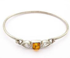 Vintage Silver, Natural Baltic Amber & CZ Bangle