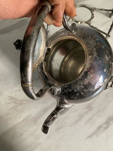 silverplate tea pot with stand