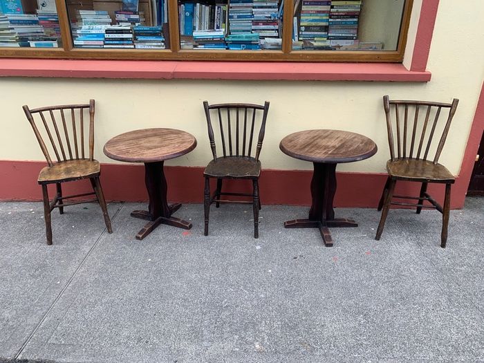 Sturdy Old Irish Country Chairs and two Vintage Round Tables suitable for cottage/pub