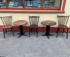 Sturdy Old Irish Country Chairs and two Vintage Round Tables suitable for cottage/pub