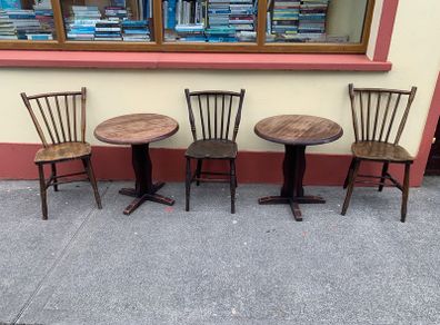 Sturdy Old Irish Country Chairs and two Vintage Round Tables suitable for cottage/pub