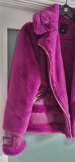 RIVER ISLAND fuschia faux leather and fur biker jacket Sz 14UK - Rrp 125 (New)