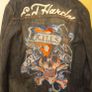 ED Hardy Denim Jacket.  More of a black/grey colour.  Fitted jacket.  Sleeves are long.  The decoration on the back is typical Ed Hardy Image 4