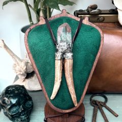 Soldered Deer Antler Tine and  Clear Quartz Crystal Rainbow Inclusions Talisman Necklace Celtic Mythology Shamanic Gaurdian of the Forest