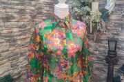 vintage 60s green floral sheer blouse