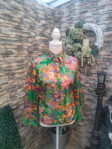 vintage 60s green floral sheer blouse