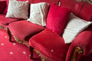 Red fabric sofa , wood finish
