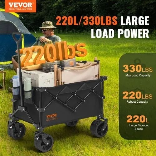 Collapsible Folding Wagon, 220 L Beach Wagon Cart with All-Terrain Wheels, Heavy Duty Folding Wagon Cart Max 330 lbs with Drink Holders, Sports Wagon for Camping, Shopping, Garden