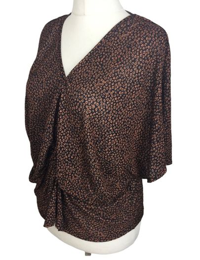 M&s Dark Brown Orange Circle Print Short Dolman Sleeve Rushed Blouse Uk 22