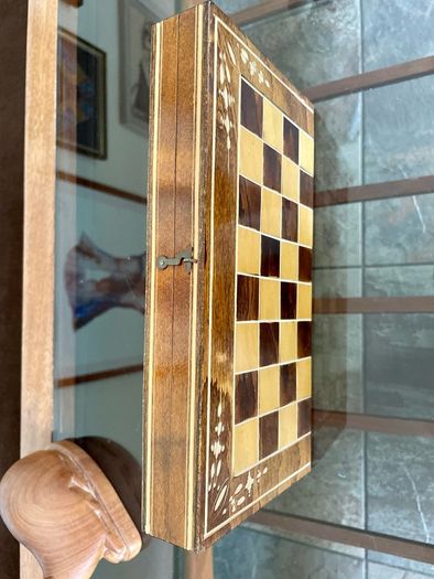 Vintage Decorative Foldable Chessboard with Hand Carved Detail and Chess Pieces 26 cm Square
