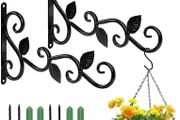 Hanging Basket Bracket 2 Pcs Plant Hooks, Hanging Basket Brackets Outdoor Metal Garden Hanging Hook Wall Plant Hanger Brackets for Hanging Plants Lanterns Bird Feeders Fence (Black)