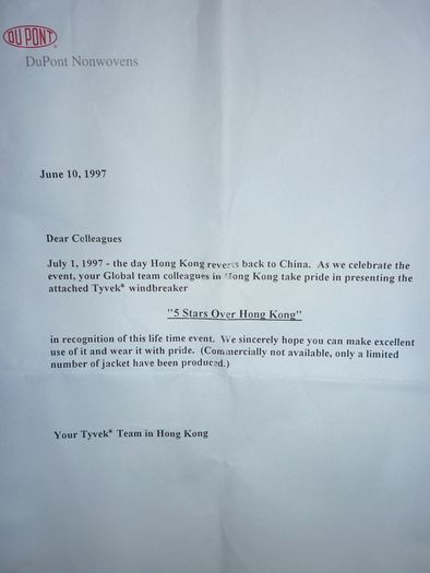 Hong Kong... CHINA .... Commemorative Dupont Jacket. July 1st 1997 Limited Edition with papers.