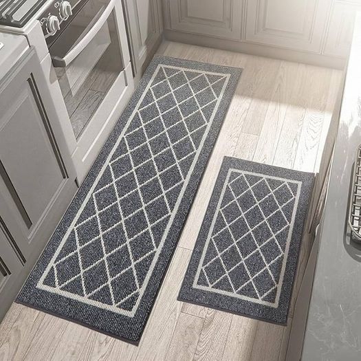 Kitchen-Rugs-Non-Slip-Kitchen-Mats-for-Floor Machine Washable Kitchen Mats 2 Pieces Grey Kitchen Runner Carpet with TPR Backing, Rolled Packaging, 60X89cm+60X152cm