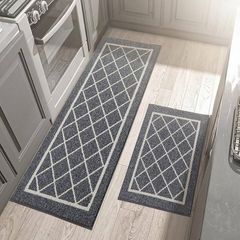 Kitchen-Rugs-Non-Slip-Kitchen-Mats-for-Floor Machine Washable Kitchen Mats 2 Pieces Grey Kitchen Runner Carpet with TPR Backing, Rolled Packaging, 60X89cm+60X152cm
