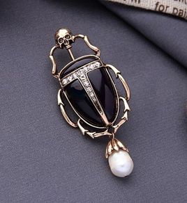 Art Deco Style Beetle Black Scarab Pearl Brooch Pin