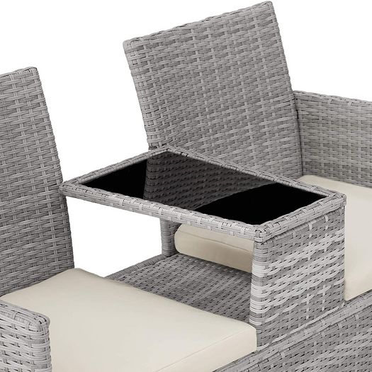 Polyrattan Garden Bench with Table, 2-Seater, for Garden, Balcony and Patio, Plastic Feet, Garden Bench with Seat Cushion, Grey