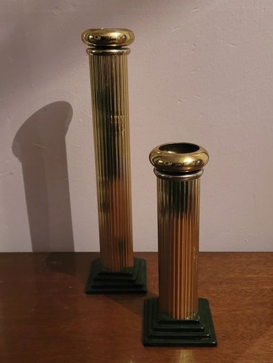 Vintage brass pair of reeded column candleholders