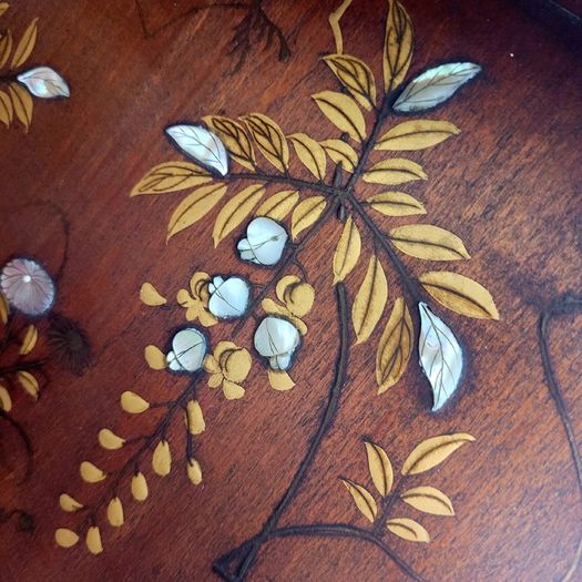 Antique Japanese inlaid & laquered with mother of pearl detail 3 tier corner shelf