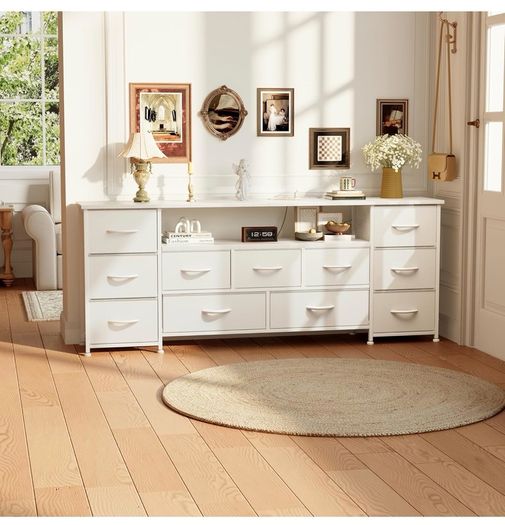 Tv Cabinet, Dresser for Bedroom with 11 Fabric Drawers, TV Stand with Power Socket for TVs up to 70 inch TV Units for Living Room, Bedroom, White