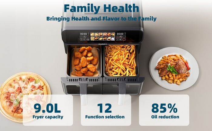 EUARY dual basket  Air Fryer 9L Oil Free 2 Compartments XXL 2800 W Large Capacity, 2 Air Fryer Bins, 12 Cooking Programs, Touch Screen, Appointment Function