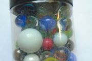 Jar of assorted marbles, Marbles.