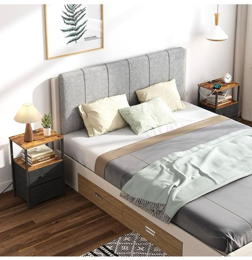 Bedside Table with Charging Station, Side Table with 2 USB Ports and Outlets, Nightstand with Cloth Drawer, Set of 2, End Table, Brown and Black