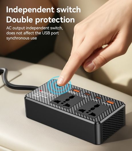 Car Plug 200V Incependent Switch Multiple Protections USB QC3.0+TC PD Fast Charging Car Inverter