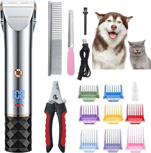 NEW SALE | Professional Dog Grooming Kit - Low Noise Pet Clipper with 2 Speed Settings, Ceramic Blades, USB Charging, LED Display and 8 Comb Attachments