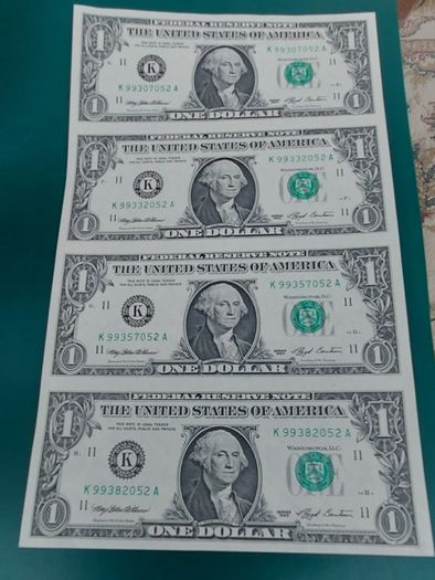 Usa 4X Sheet of  1 Dollar  1993 Series A   In Uncirculated Condition