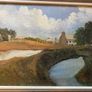 painting Vintage framed oil depicting a countryside landscape scene with a small house and river Image 2