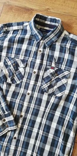 Diesel Mens blue/white check long sleeve Shirt with snap buttons Medium size