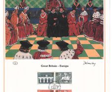 1984 Great Britain Limited Edition Lithographed Print measuring 333mm X 257mm showing Europa Commemorative stamps with First Day of Issue Cancel