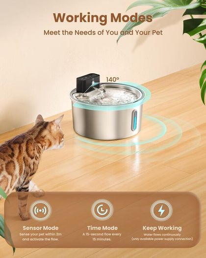 Wireless Cat Water Fountain for Drinking, 3.2L Cat Fountain Stainless Steel Cordless Pet Water Dispenser Battery Operated Motion Sensor Silent Rechargeable Water Fountain for Cats