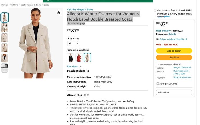 Allegra K Winter Overcoat for Women's Notch Lapel Double Breasted Coats XL