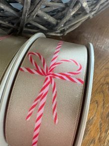 1 x 15metre roll 38mm width, of Italian taupe and candy stripe bow ribbon