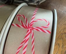 1 x 15metre roll 38mm width, of Italian taupe and candy stripe bow ribbon