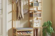 Coat rack with shoe shelf, clothes hooks, coat stand, bench with cushion, for hall, entryway, natural wood