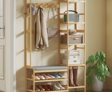Coat rack with shoe shelf, clothes hooks, coat stand, bench with cushion, for hall, entryway, natural wood